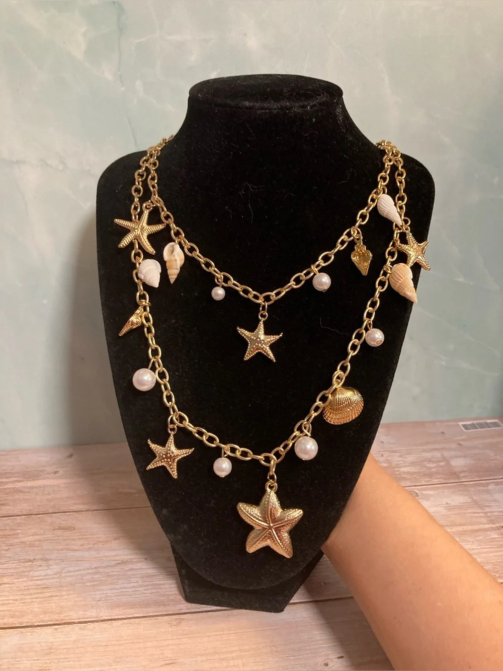 Gold Toned Seashell & Starfish Layered Necklace with Pearls